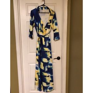 Yellow & Blue Faux Wrap Maxi Dress - New - Size XL